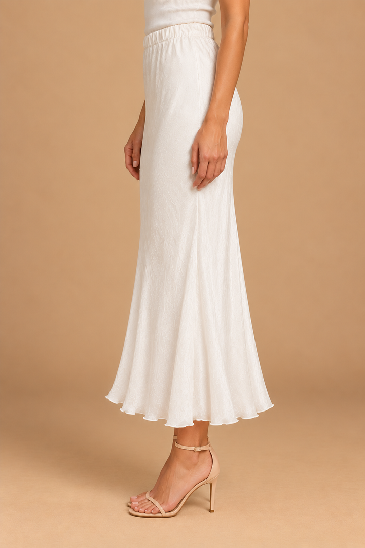 Maeve Silky Midi Skirt — Beige (Ivory), side view with heels