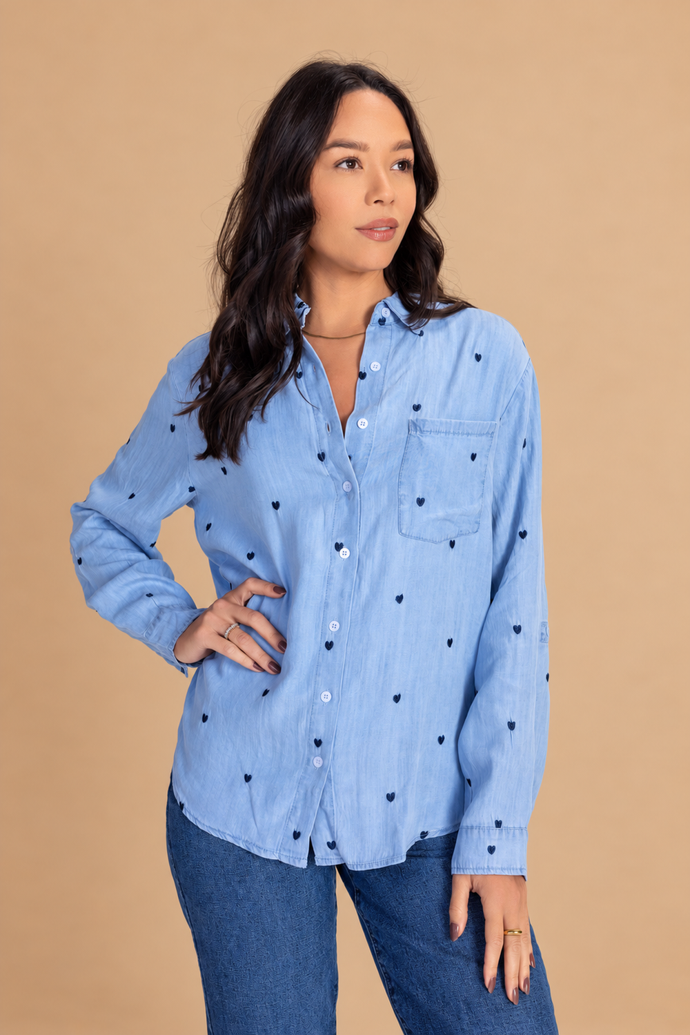 DeAnna Button Down — Denim, angled view on tan background