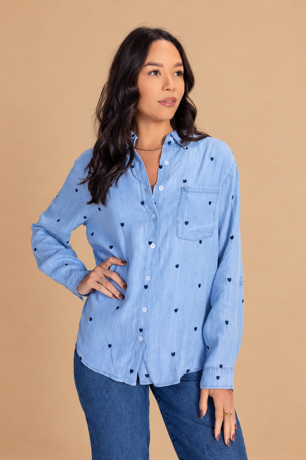 DeAnna Button Down — Denim, angled view on tan background