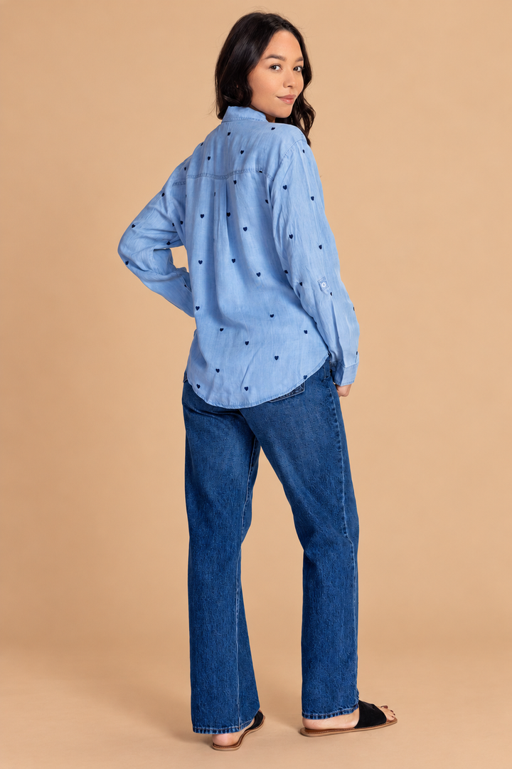 DeAnna Button Down — Denim, back view on tan background