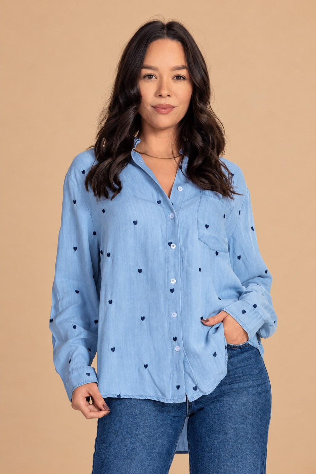 DeAnna Button Down — Denim, front view on tan background