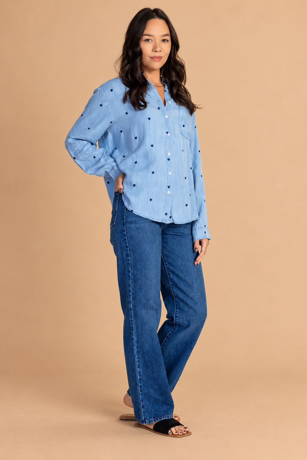 DeAnna Button Down — Denim, full length front view on tan background