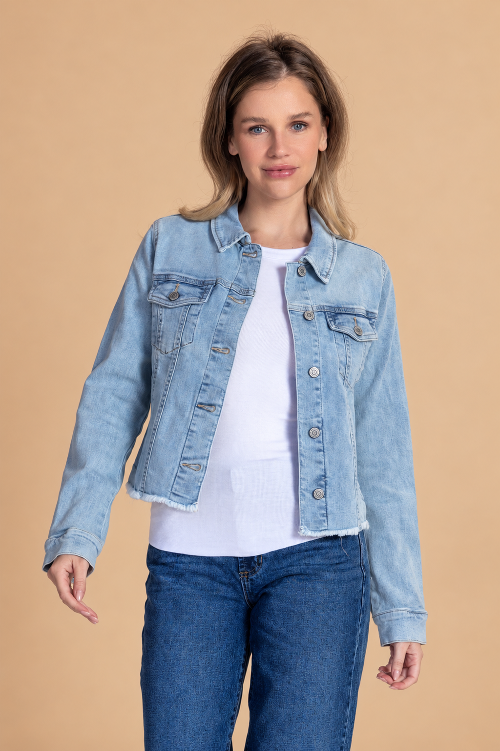 Distressed Jean Jacket — Denim, denim front view on tan background