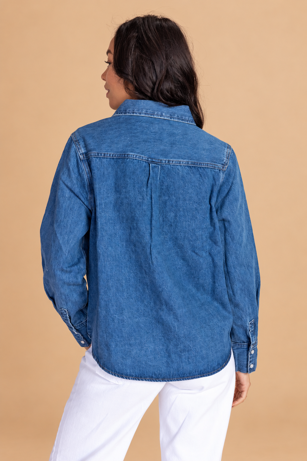 Western Denim Button Down — Denim, back view on tan background