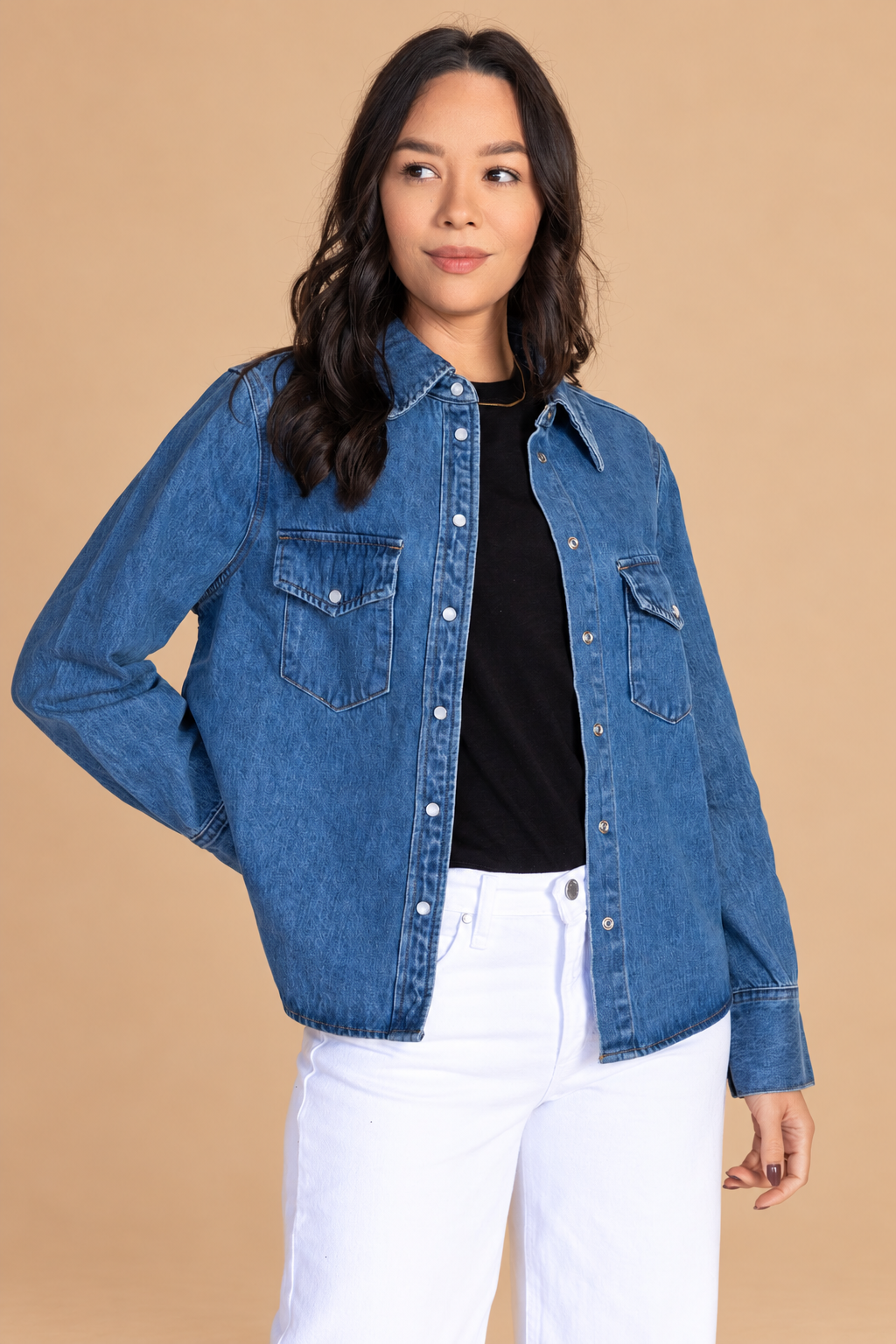 Western Denim Button Down — Denim, front view on tan background