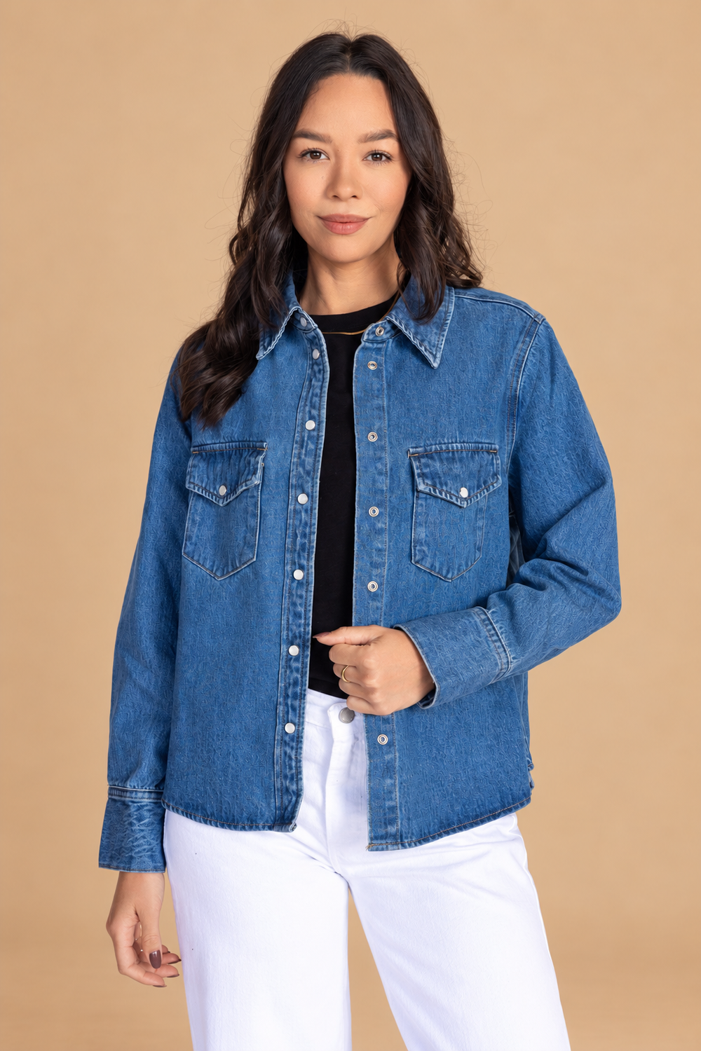 Western Denim Button Down — Denim, open front view on tan background
