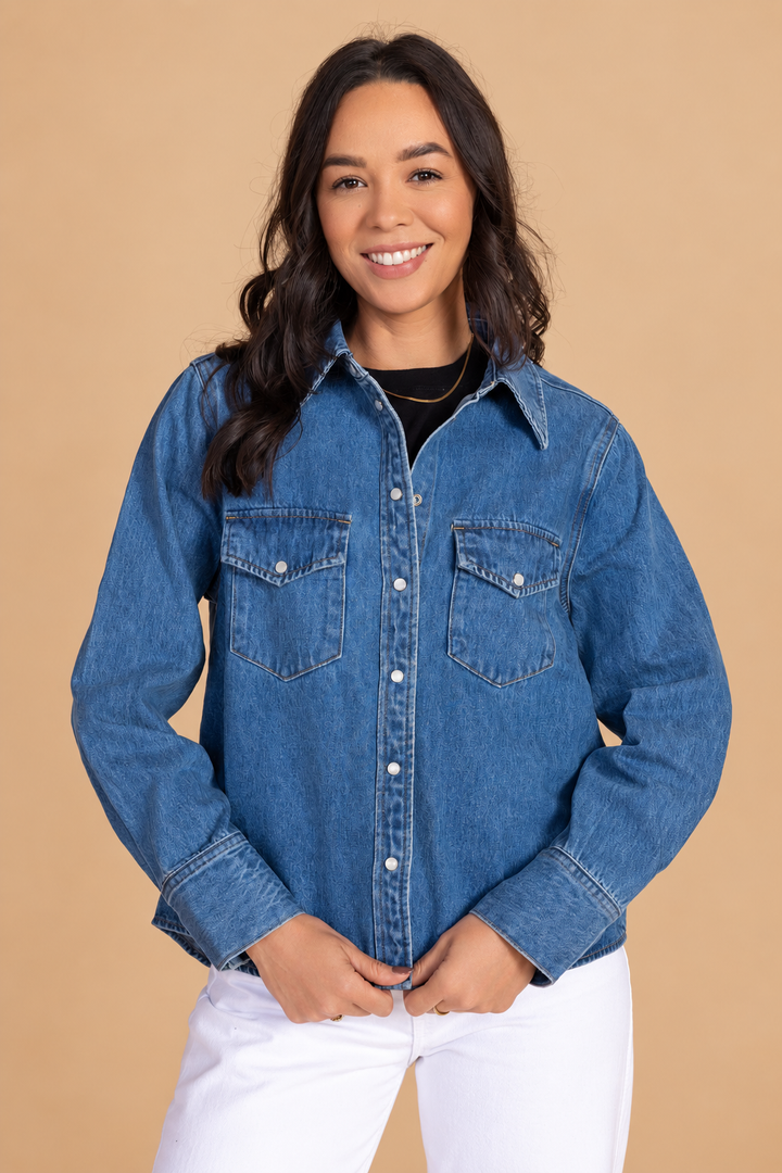Western Denim Button Down — Denim, smiling front view on tan background