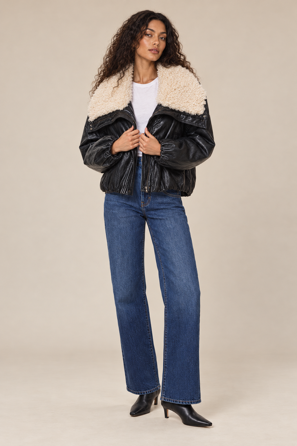 Rue Shearling Collar Leather Jacket