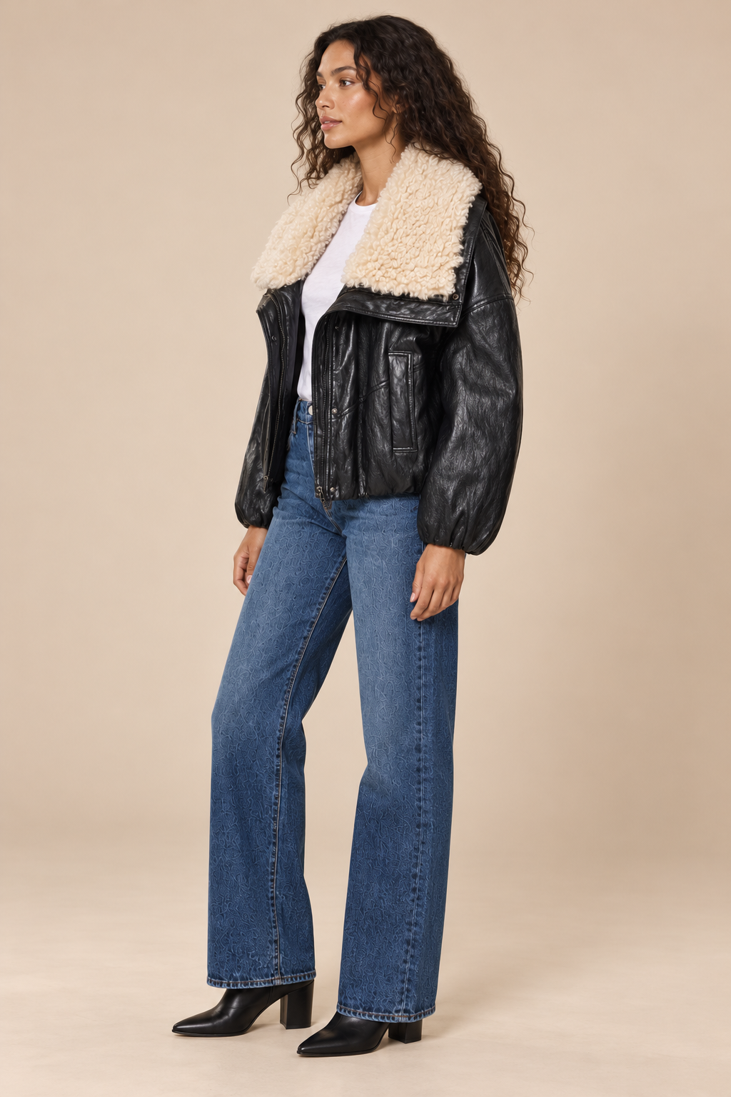 Rue Shearling Collar Leather Jacket