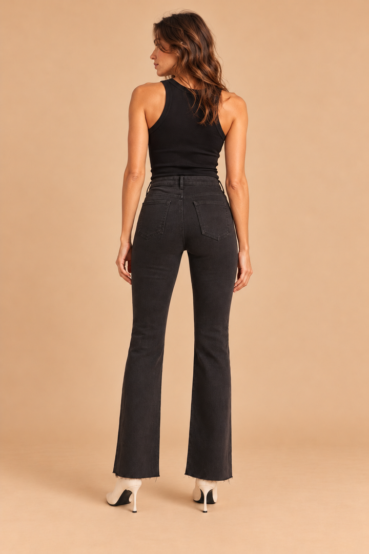 Scissor Cut Flare Jean — Dark Chocolate, back view, black tank and ivory boots