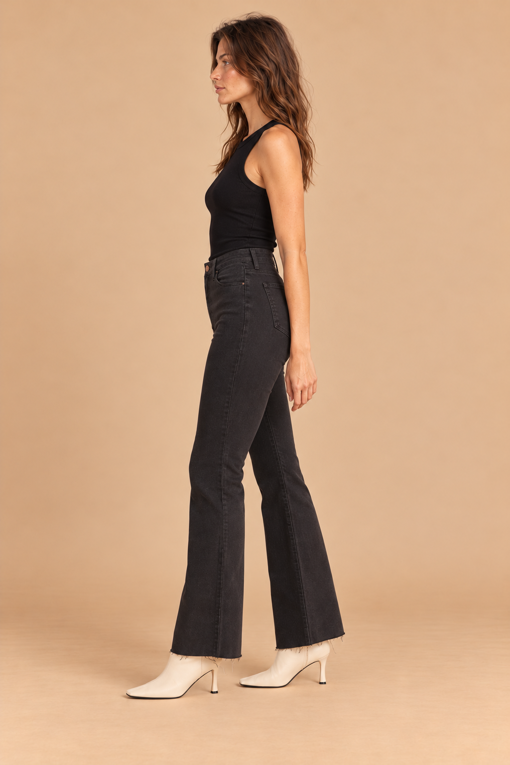 Scissor Cut Flare Jean — Dark Chocolate, side view, black tank and ivory boots