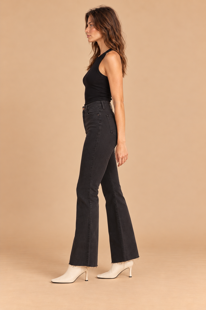 Scissor Cut Flare Jean — Dark Chocolate, side view, black tank and ivory boots