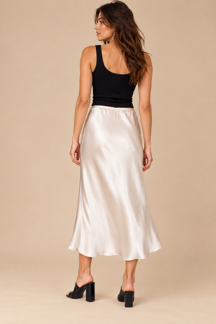 Silky Skirt — beige, full body back view