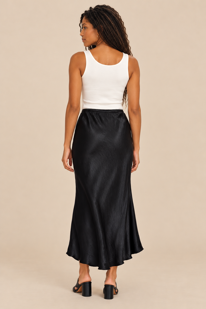 Silky Skirt — black, full body back view