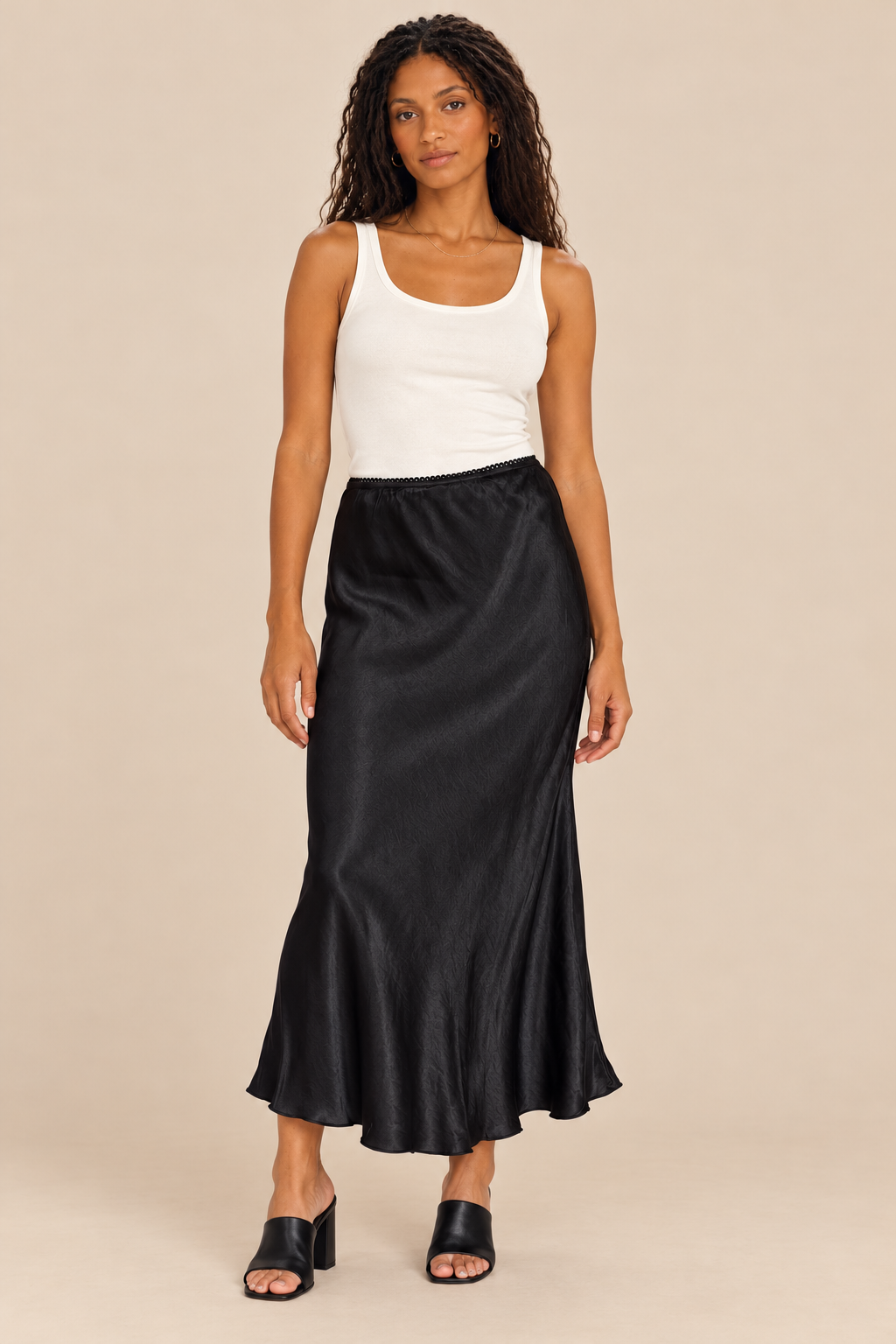 Silky Skirt — black, full body front view