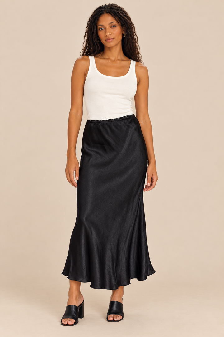 Silky Skirt — black, full body front view
