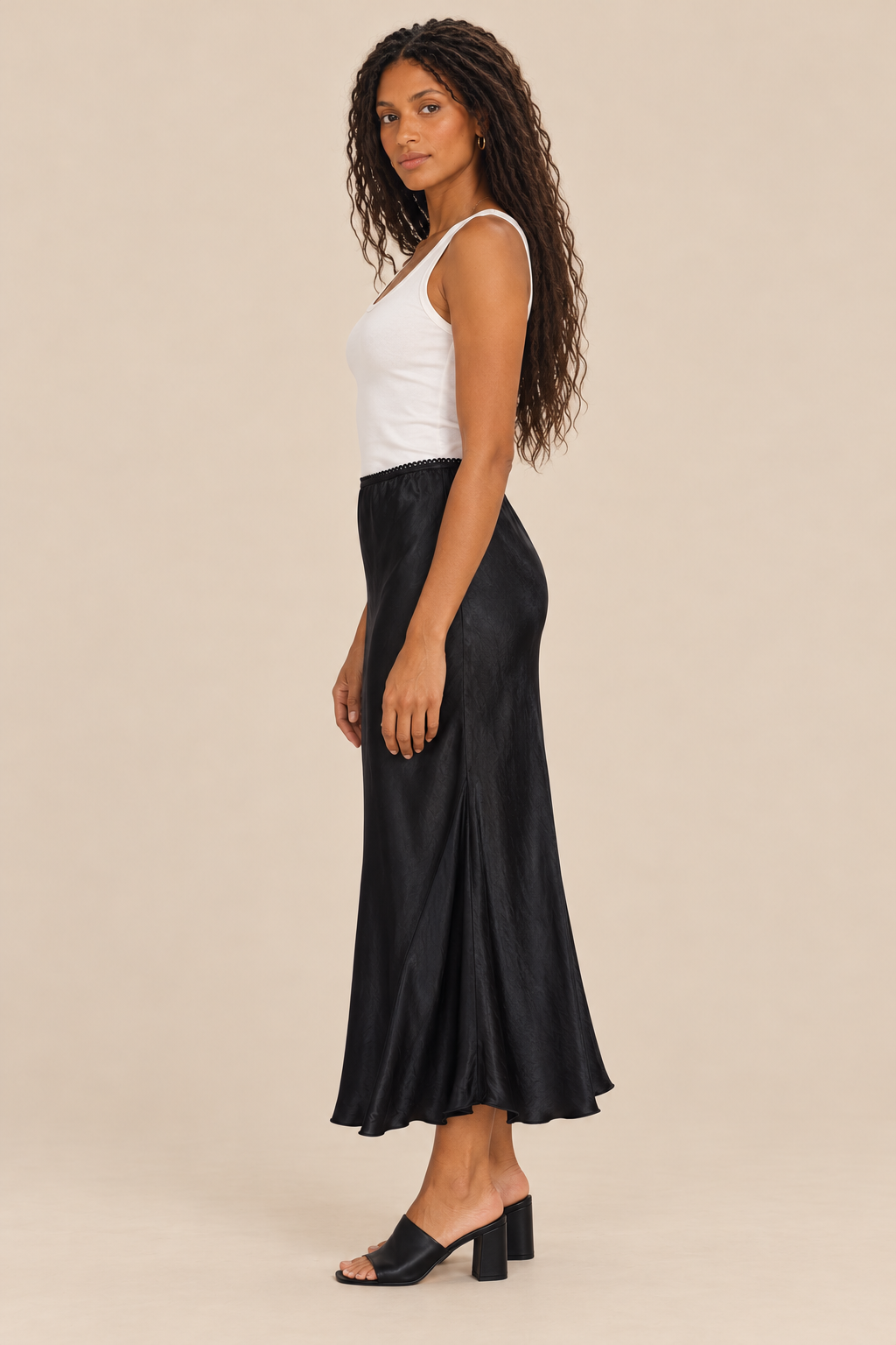 Silky Skirt — black, full body side view
