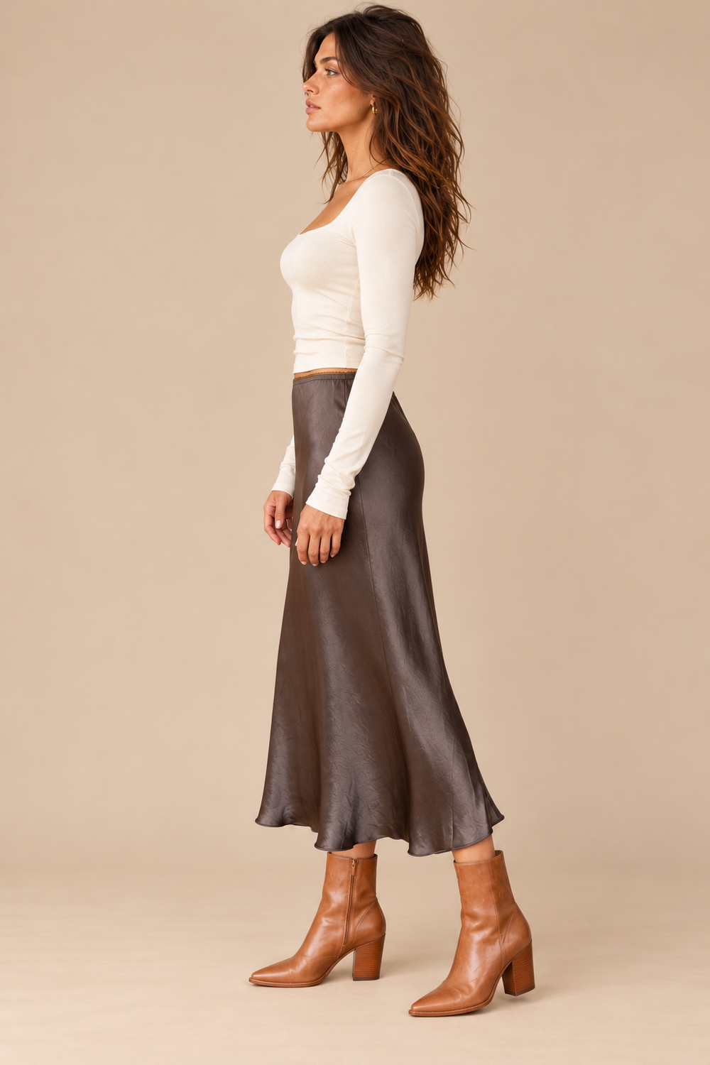 Silky Skirt — chocolate brown, full body side view