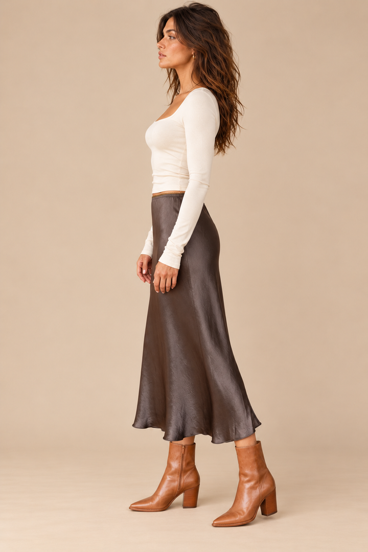 Silky Skirt — chocolate brown, full body side view
