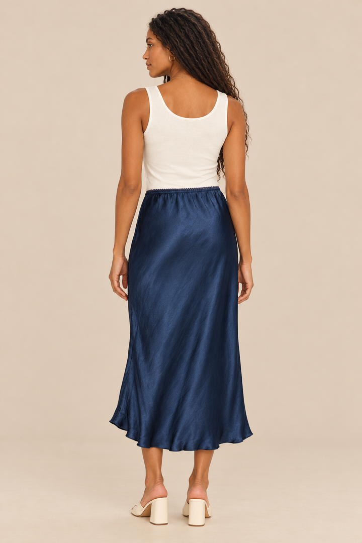 Silky Skirt — navy, full body back view