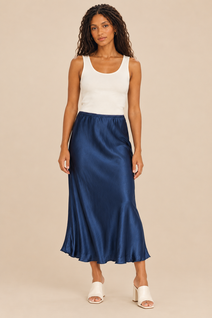 Silky Skirt — navy, full body front view