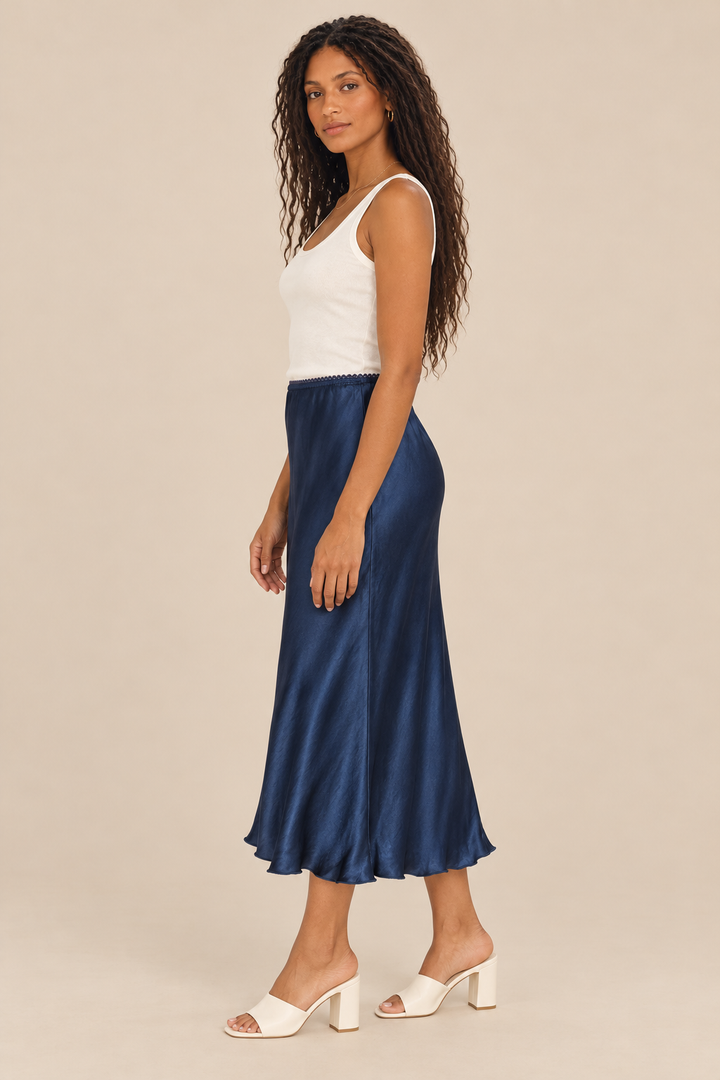 Silky Skirt — navy, full body side view
