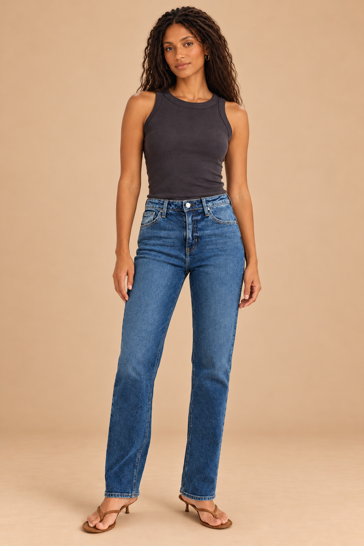 Mid Rise Stovepipe Straight Leg Jean
