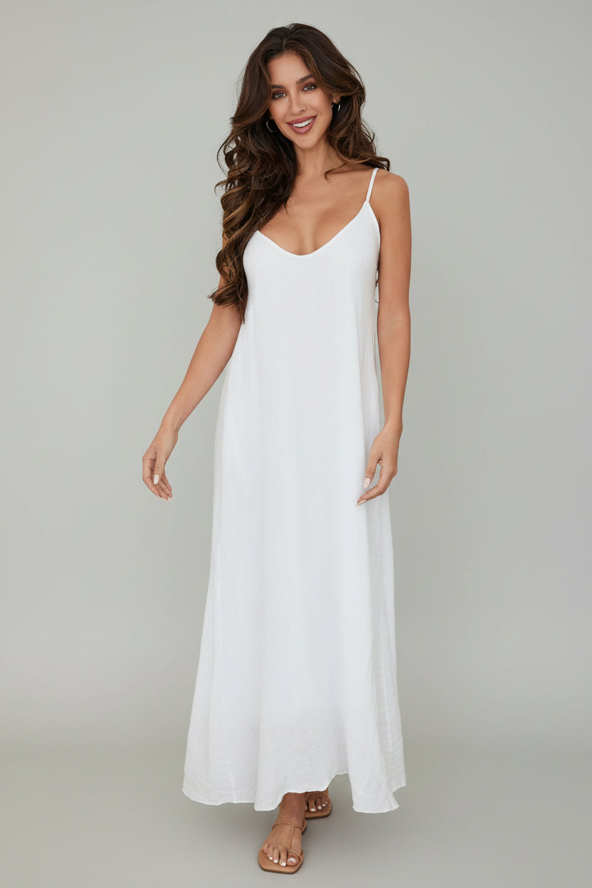 linen maxi dress white Summer Season Blend | | Womens neck and a fringed hem Sweetest Dreams Linen Maxi Dress